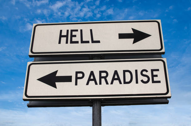 istock White road sign with words hell and paradise against blue sky background. 1283058248