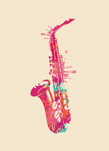 Abstract musical image of a bright saxophone Creative bright musical illustration. Vector design of an abstract saxophone in form of paint spots and splashes on a light background saxophone stock illustrations