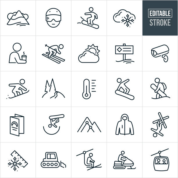 Skiing and Snowboarding Thin Line Icons - Editable Stroke A set of snow skiing and snowboarding icons that include editable strokes or outlines using the EPS vector file. The icons include a snow capped mountain, skier or snowboarder wearing a helmet and goggles, snowboarder snowboarding, person drinking coffee, snow storm, snowflake, skier skiing, sunshine, ski resort sign, camera, snow, thermometer, person holding his snowboard, trail map, halfpipe snowboarding, winter coat, snowcat, person riding ski lift, person on snowmobile, people riding gondola and others. skier downhill stock illustrations