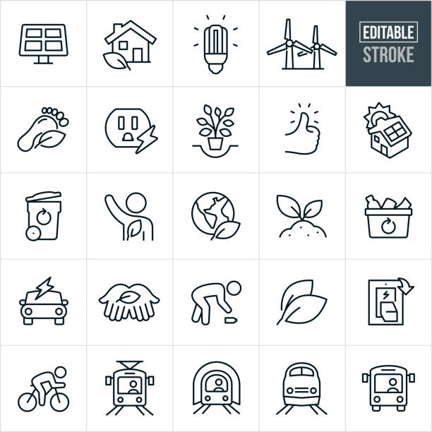 Environmental Conservation Thin Line Icons - Editable Stroke A set of environmental conservation icons that include editable strokes or outlines using the EPS vector file. The icons include s solar panel, house with leaf, compact fluorescent light bulb, windmills, carbon footprint, electrical outlet, tree, thumbs up, solar panel on top of a house, garbage can, environmentalist, person, volunteer, earth, plant growing from soil, recycle bin full of recyclables, electric car, hands holding leaf, person picking up trash, light switch, person riding a bike, public transit, light rail, subway, passenger train and bus. environmental icons stock illustrations