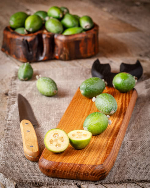 istock still life with fresh feijoa on wooden board 1283061653