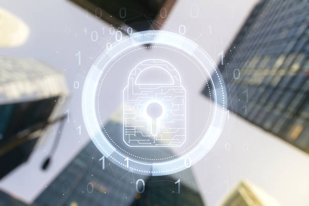 Virtual creative lock symbol and microcircuit illustration on office buildings background. Protection and firewall concept. Multiexposure