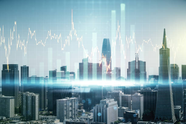 istock Multi exposure of abstract virtual financial graph hologram on San Francisco skyline background, forex and investment concept 1283061738