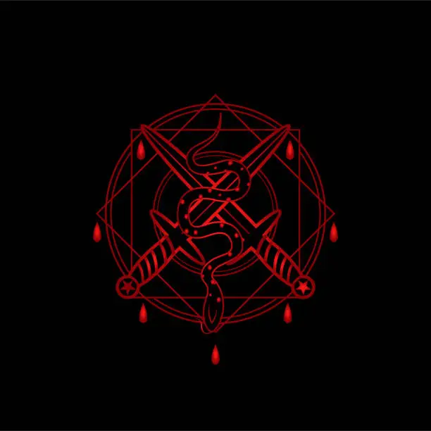 Vector illustration of Thinline Red Pentagram Serpent And Dagger Occult Symbol Tattoo Illustration