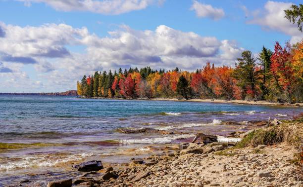 Scenic sunny day in Autumn along the shore of Lake Superior near Black Rock Point, Upper Peninsula, Michigan stock photo