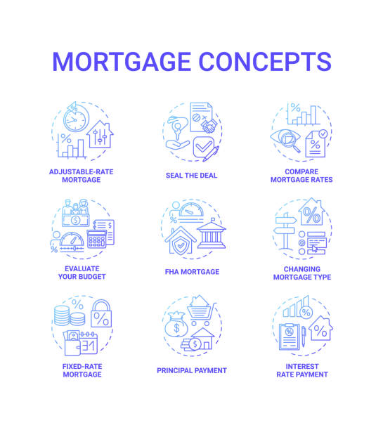Mortgage concept icons set Mortgage concept icons set. Loan housing idea thin line RGB color illustrations. Changing mortgage type. Adjustable-rate mortgage. Seal deal. Compare loan rates. Vector isolated outline drawings adjustable stock illustrations