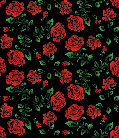 Floral pattern.Wallpaper or textile. Red roses isolated on black background.Ukrainian style.