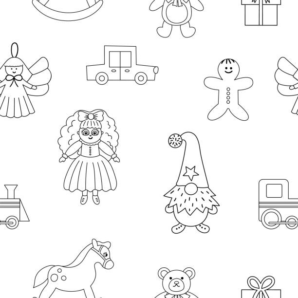 illustrations, cliparts, dessins animés et icônes de mod�èle mignon de sans couture noir et blanc avec des jouets de noël. fond de ligne vectorielle avec des cadeaux du nouvel an pour des enfants. papier numérique avec cadeaux du père noël pour les enfants. - 3518