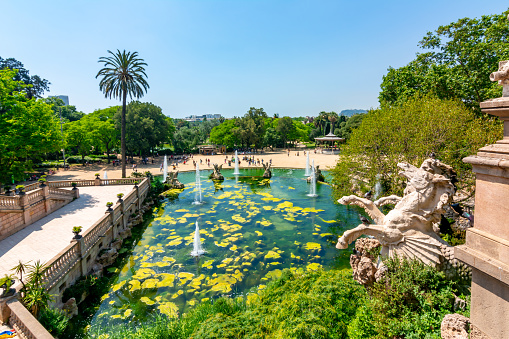 Ciutadella park landscape and Cascade fountain, Barcelona, Spain
