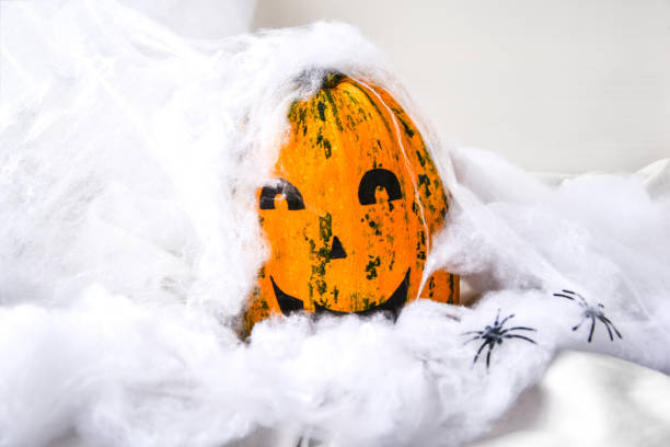 тыква с окрашенным лицом на цветном фоне для хэллоуина. паутина. праздничные украшения - jack fruit стоковые фото и изображения