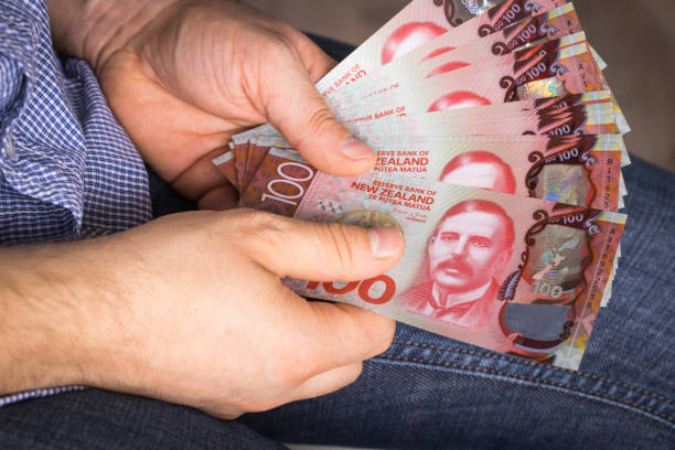 um homem segurando um pacote de grande dinheiro da nova zelândia, notas de cem dólares - beak number 100 hundred dollar - fotografias e filmes do acervo