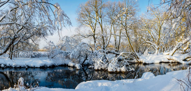istock Frosty scene with flowing forest river on a sunny morning. 1283075591
