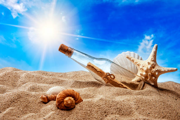 istock Message in a Bottle Washed up on Sand Seashore 1283076616