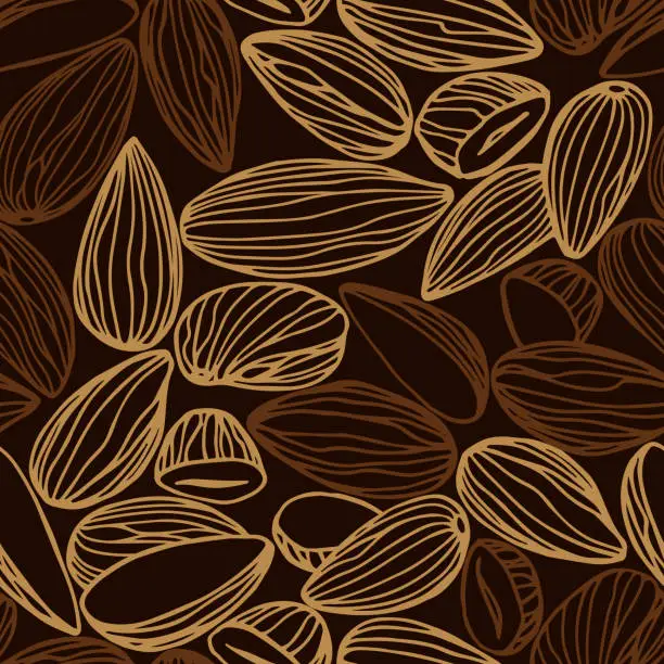 Vector illustration of seamless pattern of a set of almond kernels, for menu design or confectionery, textiles