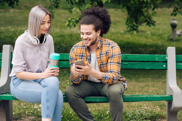 istock Young couple dating and having fun online 1283080627