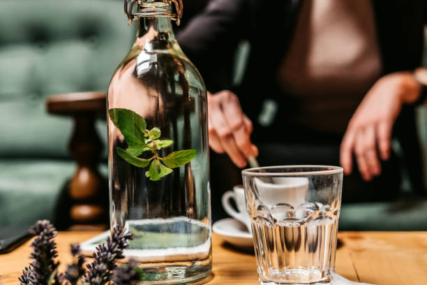 conhaque de ervas com folha dentro da garrafa - distilled water - fotografias e filmes do acervo