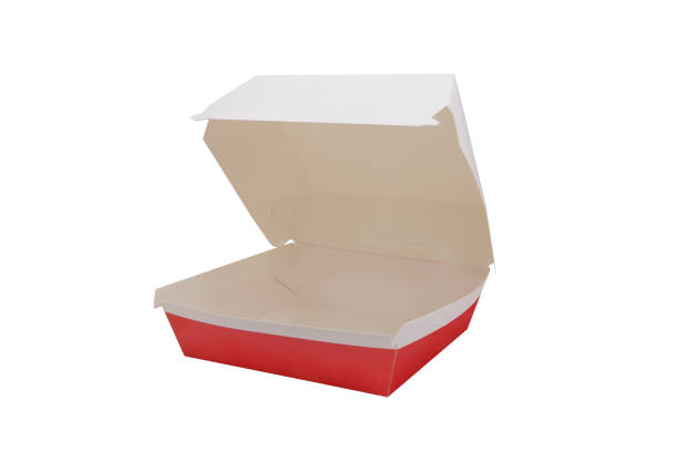 istock Blank red and white craft burger box isolated on white background 1283085373