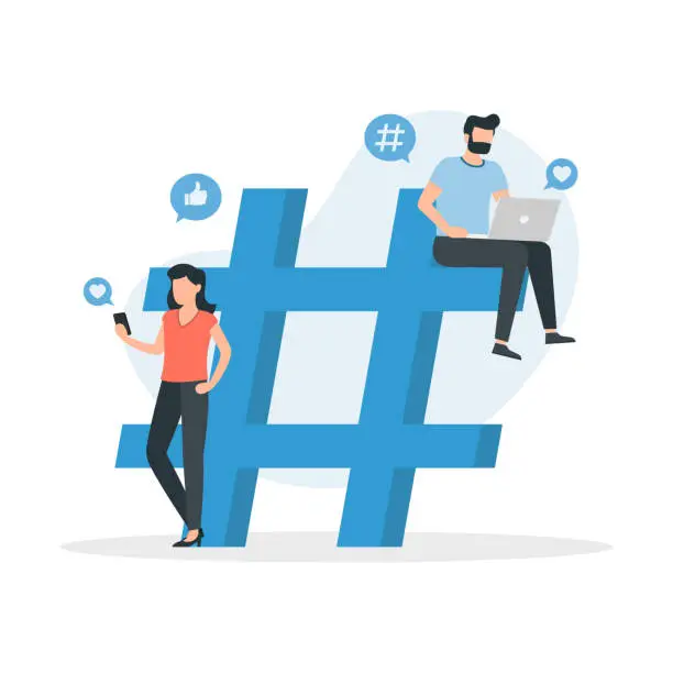 Vector illustration of People with laptops and smartphones are sitting on and around hashtag sign. Social media.