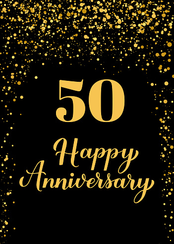 Happy 50th Anniversary handwritten celebration poster. Black and gold confetti birthday or wedding anniversary party decorations. Vector template for greeting card, postcard, banner, sign, etc.