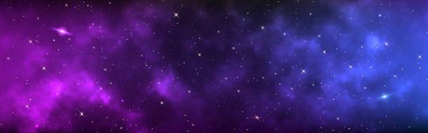 ilustraciones, imágenes clip art, dibujos animados e iconos de stock de fondo espacial amplio. cosmos realista con estrellas brillantes. larga pancarta con forma láctea estrellada. galaxia mágica del polvo de estrellas. universo de color y nebulosa púrpura. ilustración vectorial - nebula
