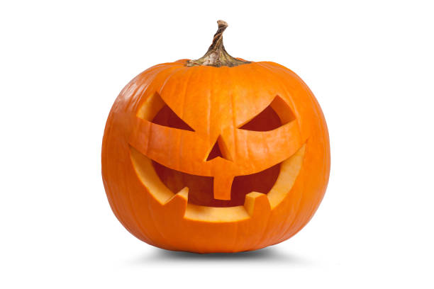 istock Scary Halloween pumpkin with eyes glowing inside on white background 1283096429