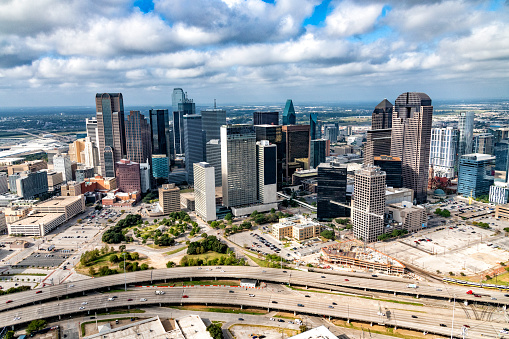 The downtown skyline and surrounding neighborhoods of Dallas, Texas shot from about 800 feet during a photo flight.