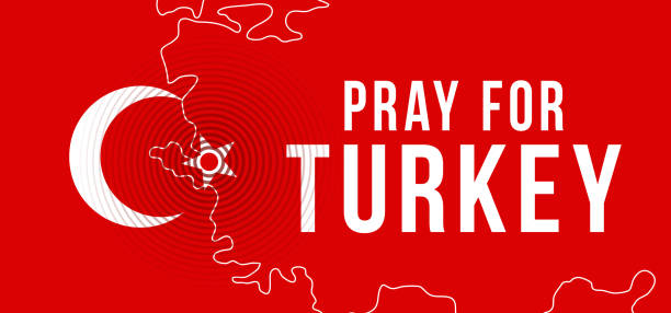 터키 지진의 진원지. 터키를 위해 기도하십시오. 10월 30일 이즈미르 근처에서 강한 지진으로 기도를 요청하는 텍스트가 있는 벡터 일러스트 맵 - turkey earthquake stock illustrations