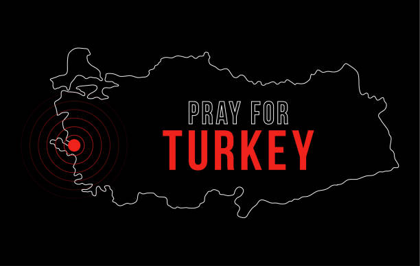 터키 지진의 진원지. 터키를 위해 기도하십시오. 10월 30일 이즈미르 근처에서 강한 지진으로 기도를 요청하는 텍스트가 있는 벡터 일러스트 맵 - turkey earthquake stock illustrations