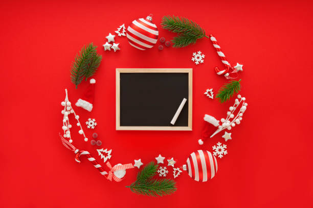 Christmas Decoration on red background with copy space