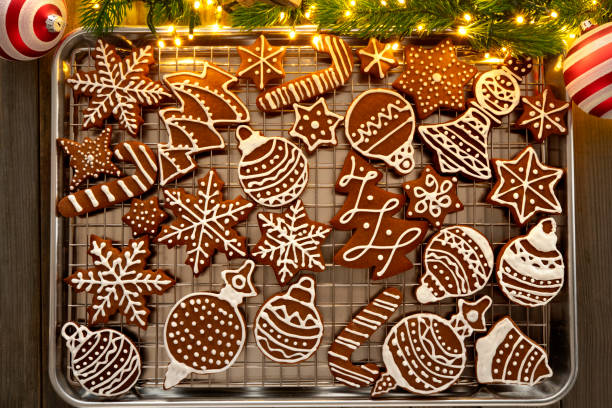 Gingerbread cookies and christmas Decoration on wooden rustic table