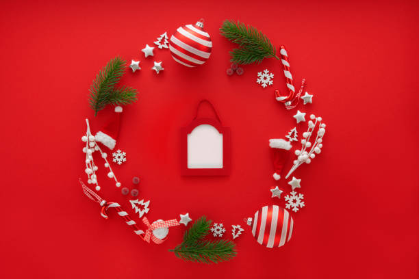 istock Christmas Decoration on red background with copy space 1283106823
