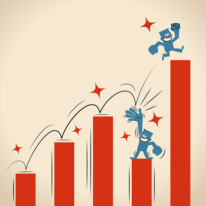 Business Characters Vector Art Illustration.
Business team climbing up the growth bar chart.