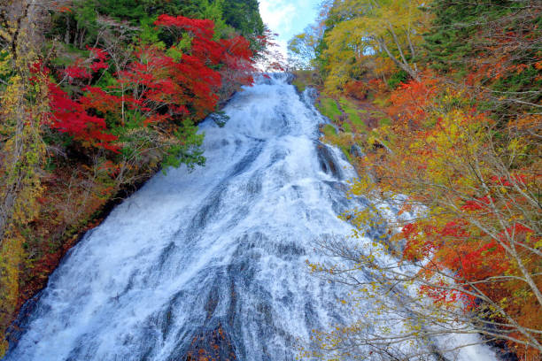 lago yunoko e cascate yutaki in autunno, parco nazionale di nikko - water beauty in nature waterfall nikko foto e immagini stock