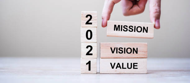 istock Businessman hand holding wooden cube with text 2021 Mission, Vision and Value on table background. Resolution, strategy, solution, goal, business and New Year holiday concepts 1283112291