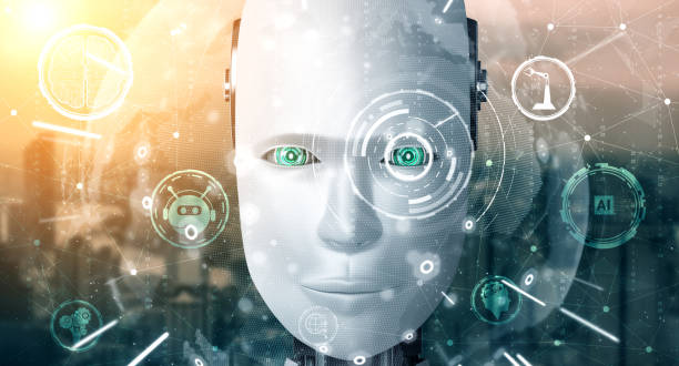 istock Robot humanoid face close up with graphic concept of AI thinking brain 1283117579