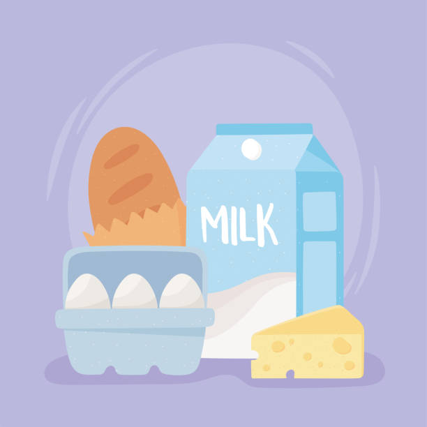 frühstücksprodukte milchbroteier und käse, lebensmitteleinkäufe - milk bread stock-grafiken, -clipart, -cartoons und -symbole