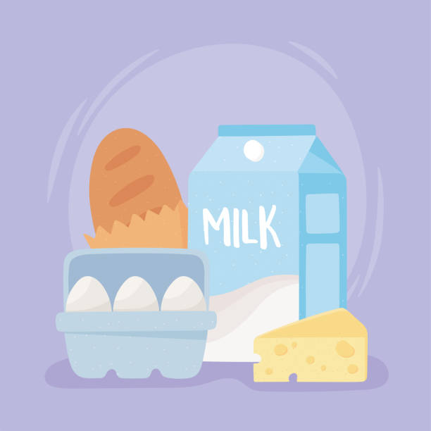 ilustraciones, imágenes clip art, dibujos animados e iconos de stock de productos de desayuno leche huevos de pan y queso, compras de comestibles - milk bread