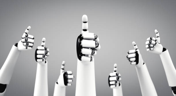istock Robot humanoid hands up to celebrate goals success achieved by using AI 1283117727
