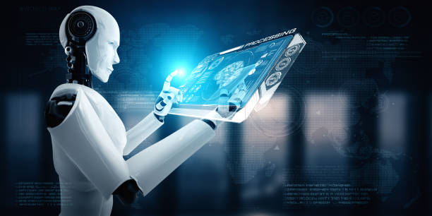 istock Robot humanoid use mobile phone or tablet in concept of AI thinking brain 1283117760