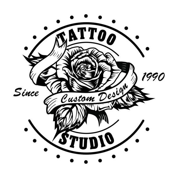 ilustrações, clipart, desenhos animados e ícones de crachá de estúdio de tatuagem vintage com ilustração de vetor rosa - craft ribbon flower black