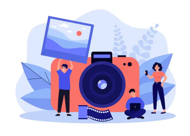 Vector illustration of Tiny people taking photo flat vector illustration