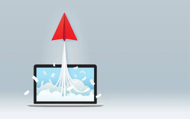 Vector illustration of Startup business project concept with red paper plane launch from laptop screen on gray background, Paper art and digital craft style