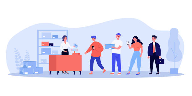 People waiting in queue in post office People waiting in queue in post office. Box, parcel, letter flat vector illustration. Delivery and postal service concept for banner, website design or landing web page mail clerk stock illustrations