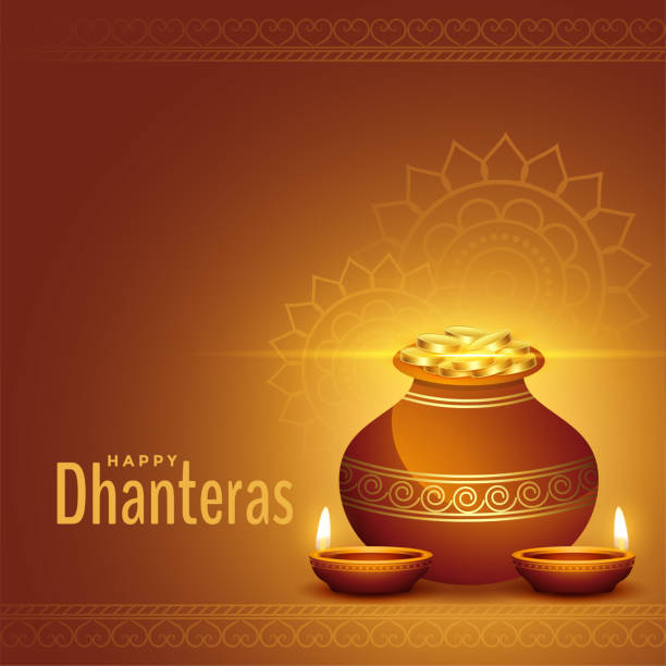 istock decorative happy dhanteras golden background with kalash and diya 1283120656