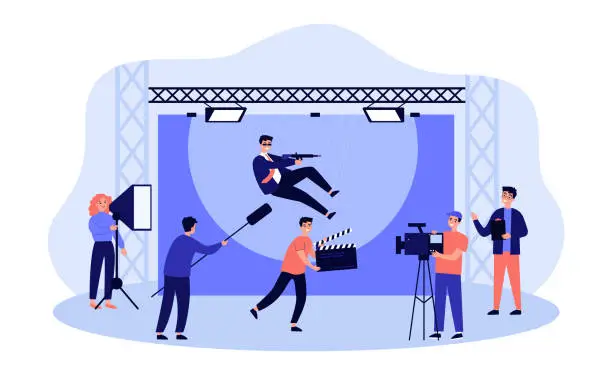 Vector illustration of Crew filming new motion movie isolated flat vector illustration