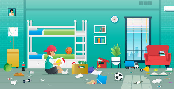 Children's Bedroom A boy playing naughty in a messy bedroom. child misbehaving stock illustrations