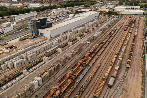 Doncaster, UK - October 16, 2020.  An aerial view of Network Rail's goods yard in Doncaster that will supply sleepers and ballast for large engineering and infrastructure projects such as HS2