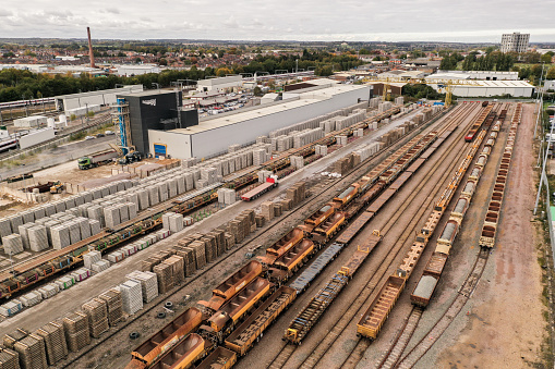 Doncaster, UK - October 16, 2020.  An aerial view of Network Rail's goods yard in Doncaster that will supply sleepers and ballast for large engineering and infrastructure projects such as HS2