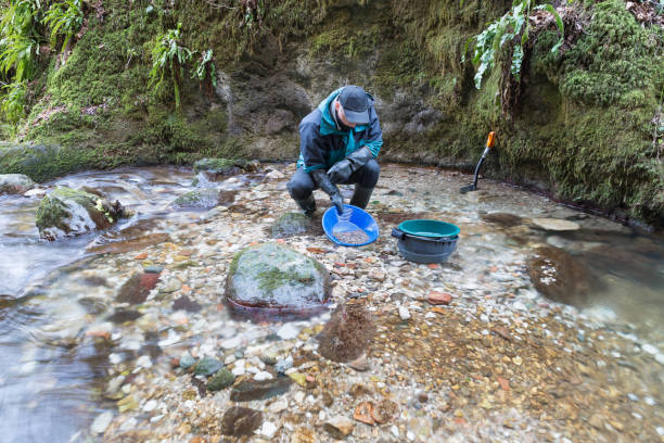 outdoor adventures on river. gold panning - gold digger imagens e fotografias de stock