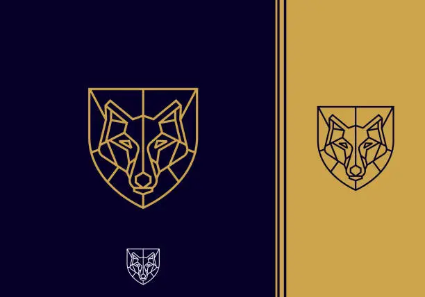 Vector illustration of vintage thin line geometric golden wolf head shield design concept vector icon